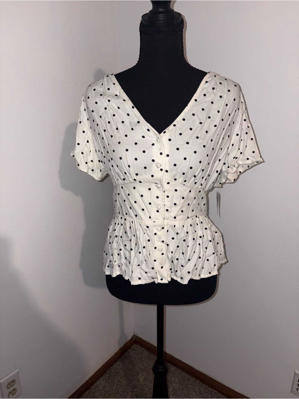 Old Navy White Top with Black Polka Dots - Peplum Button Front